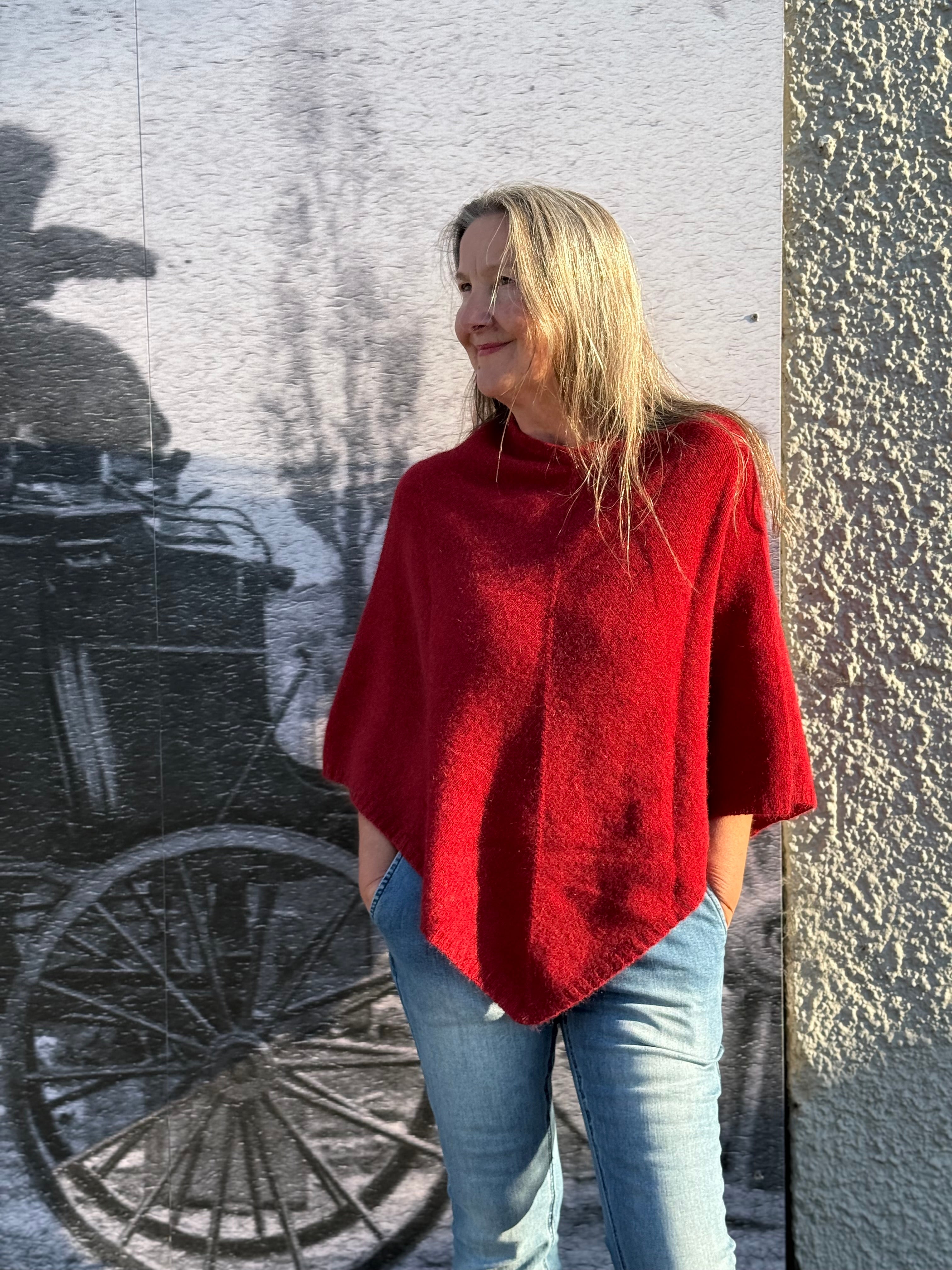 Possum/Merino Poncho - Red