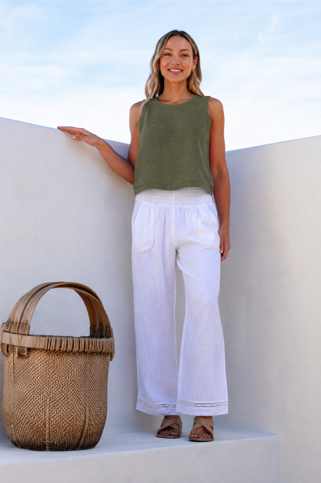 Quadrato Linen Top - Basil