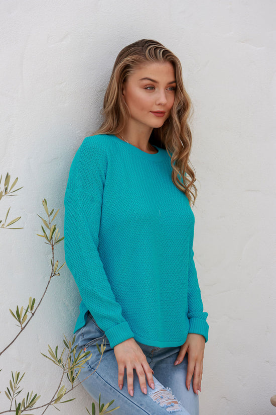 Knitted Cotton Sweater - Aqua