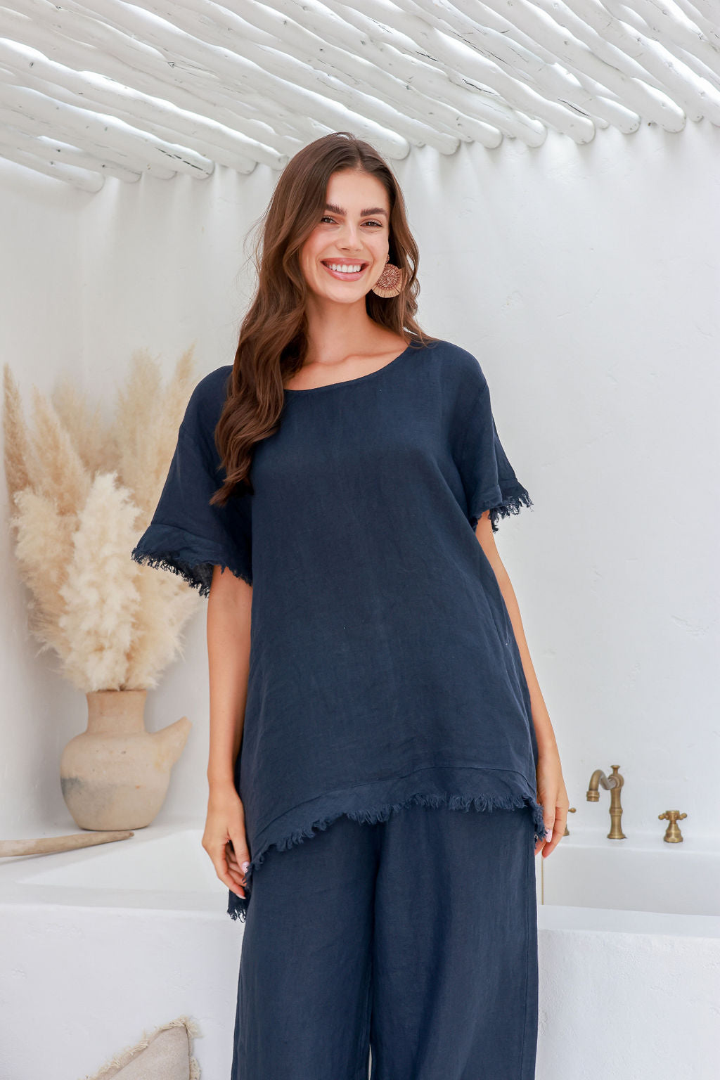 Angela Linen Top - Navy