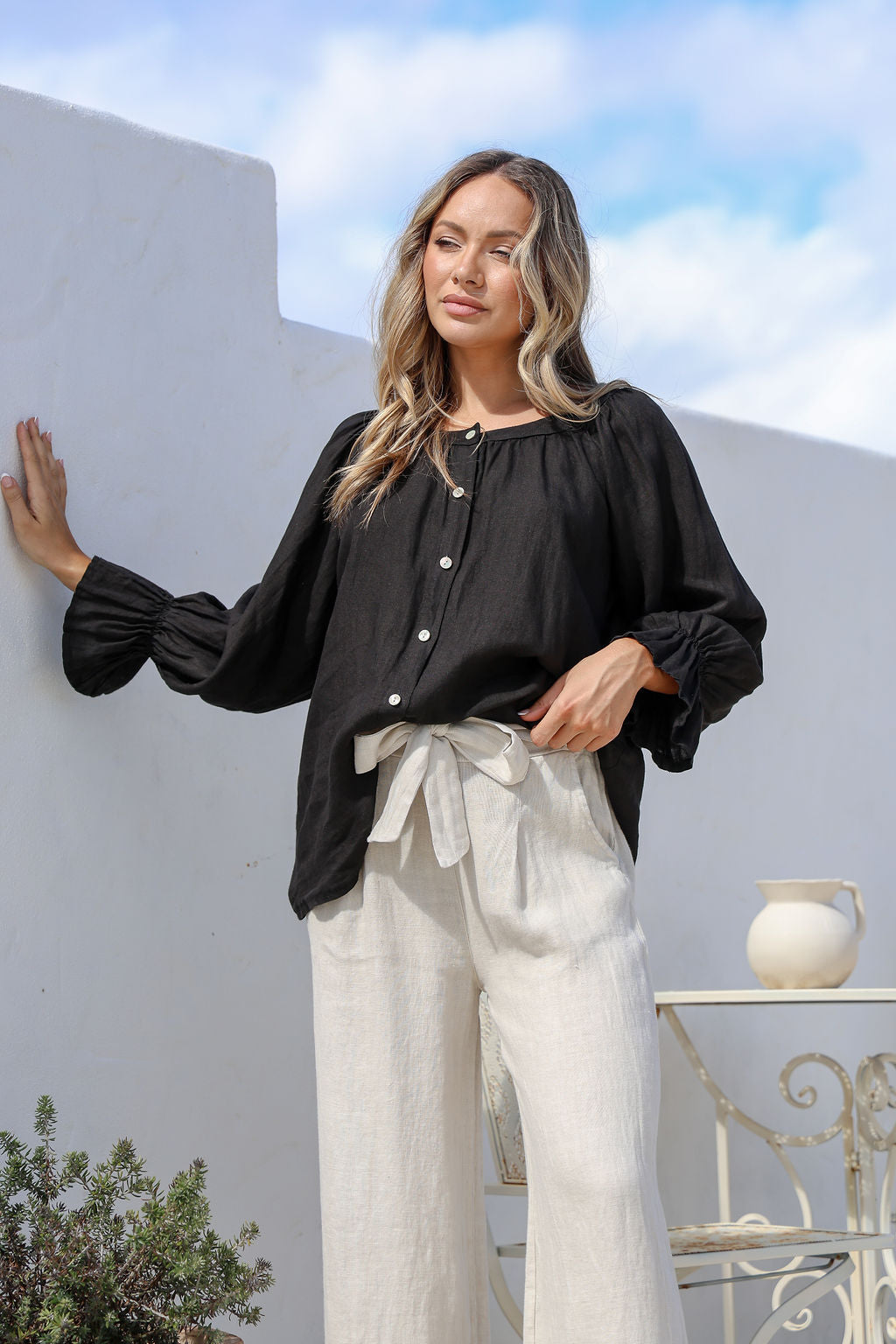 Tramonto Linen Top - Black