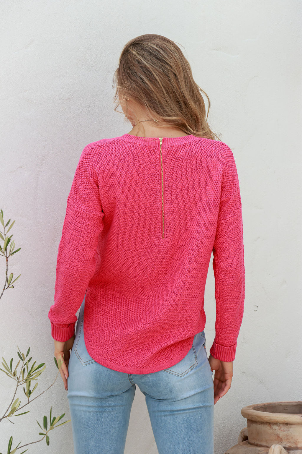 Knitted Cotton Sweater - Hot Pink