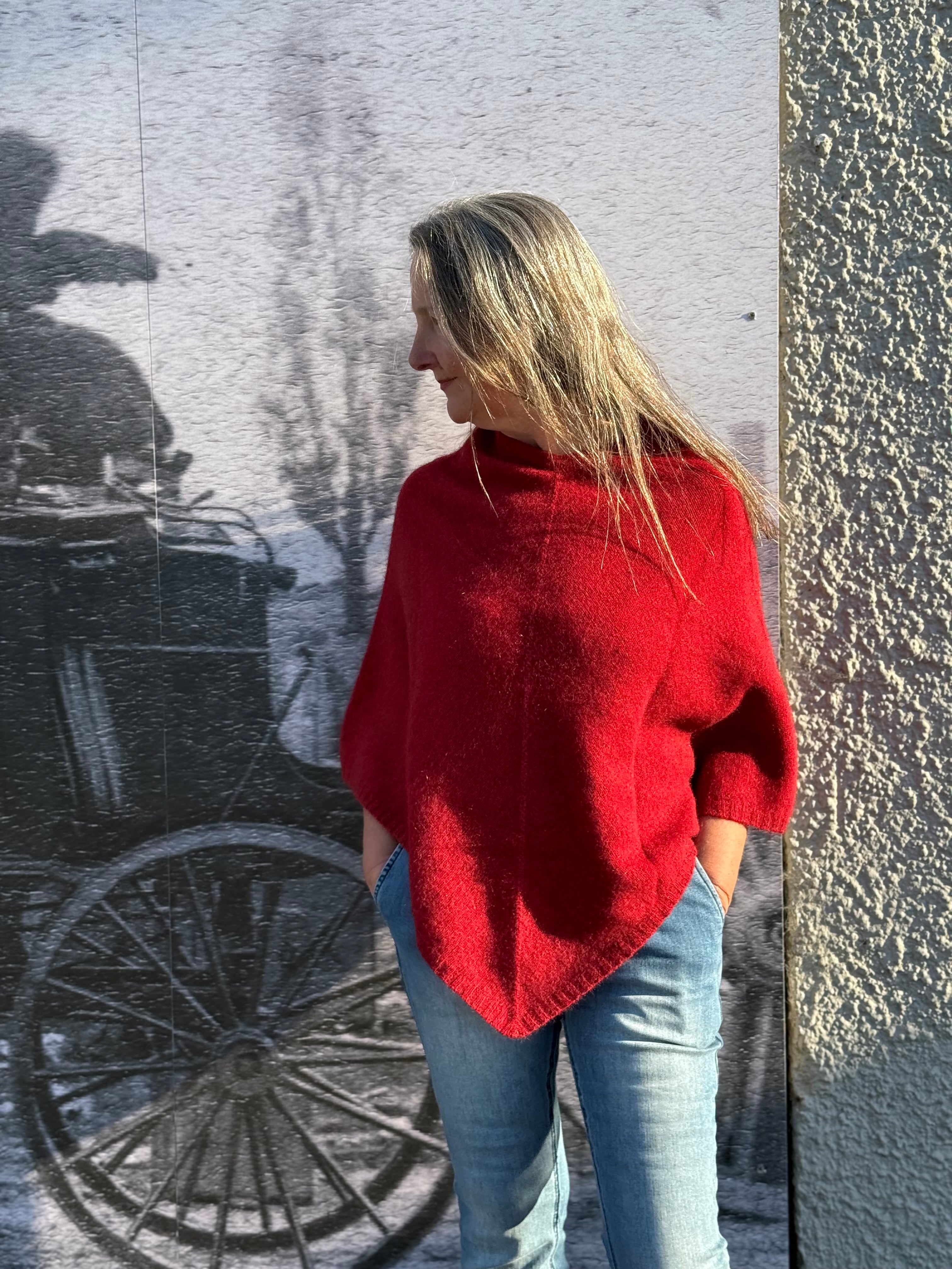 Possum/Merino Poncho - Red