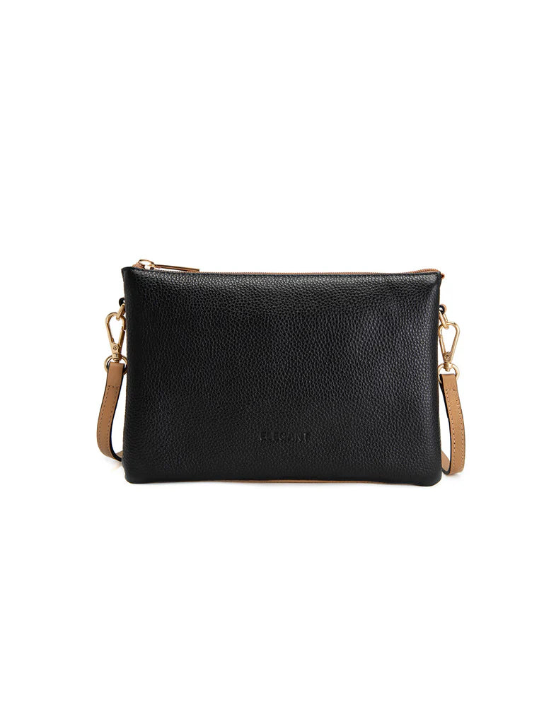 CLEO TRIPLE COMPARTMENT LEATHER XBODY BAG - BLACK/TAN
