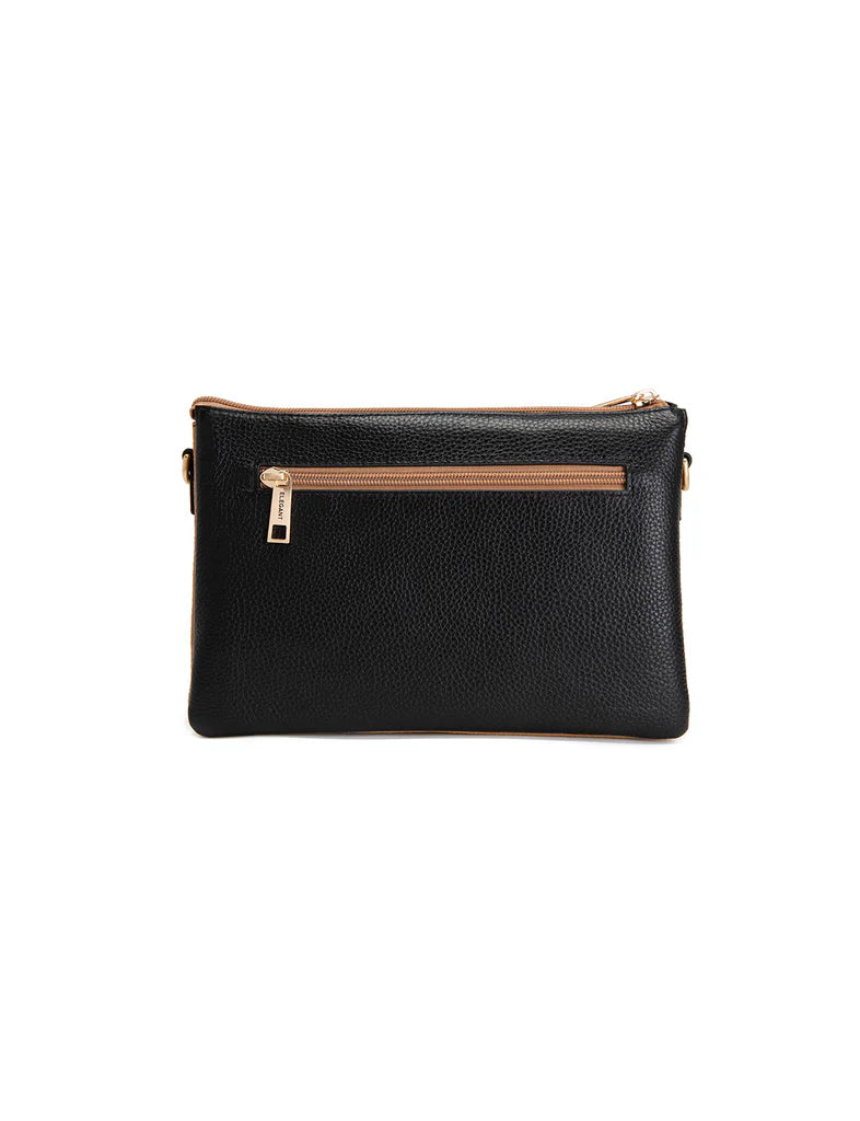 CLEO TRIPLE COMPARTMENT LEATHER XBODY BAG - BLACK/TAN