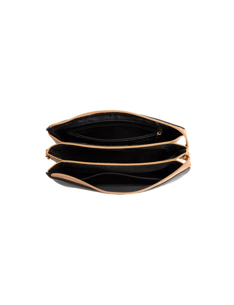 CLEO TRIPLE COMPARTMENT LEATHER XBODY BAG - BLACK/TAN