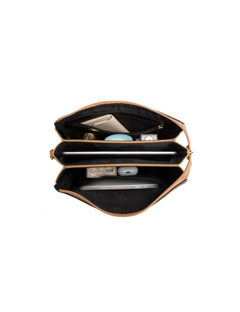 CLEO TRIPLE COMPARTMENT LEATHER XBODY BAG - BLACK/TAN
