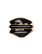 CLEO TRIPLE COMPARTMENT LEATHER XBODY BAG - BLACK/TAN