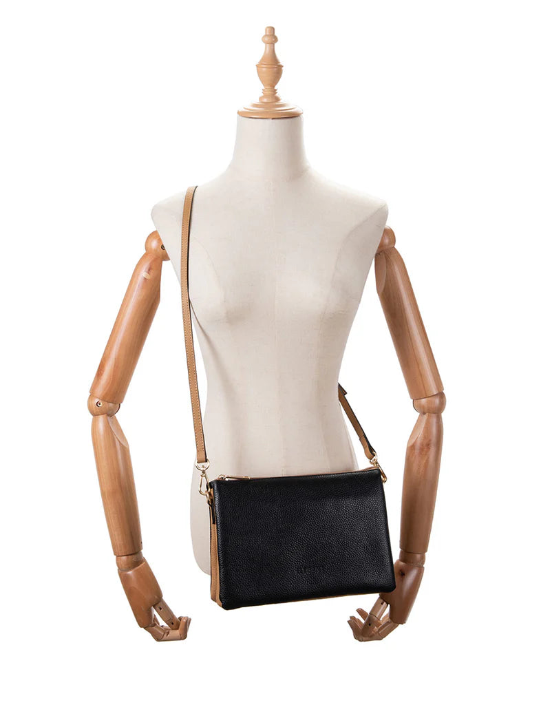 CLEO TRIPLE COMPARTMENT LEATHER XBODY BAG - BLACK/TAN