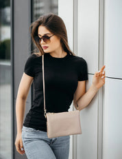 CLEO TRIPLE COMPARTMENT LEATHER X-BODY BAG - IVORY/PUTTY