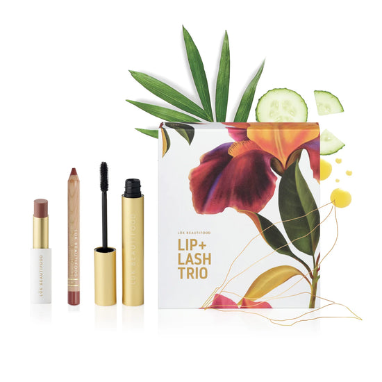 Lip & Lash Trio Set - Nude Shades Black Tea Mascara + Tea Rose Lip Nourish + Caramel Kiss Lipstick Crayon
