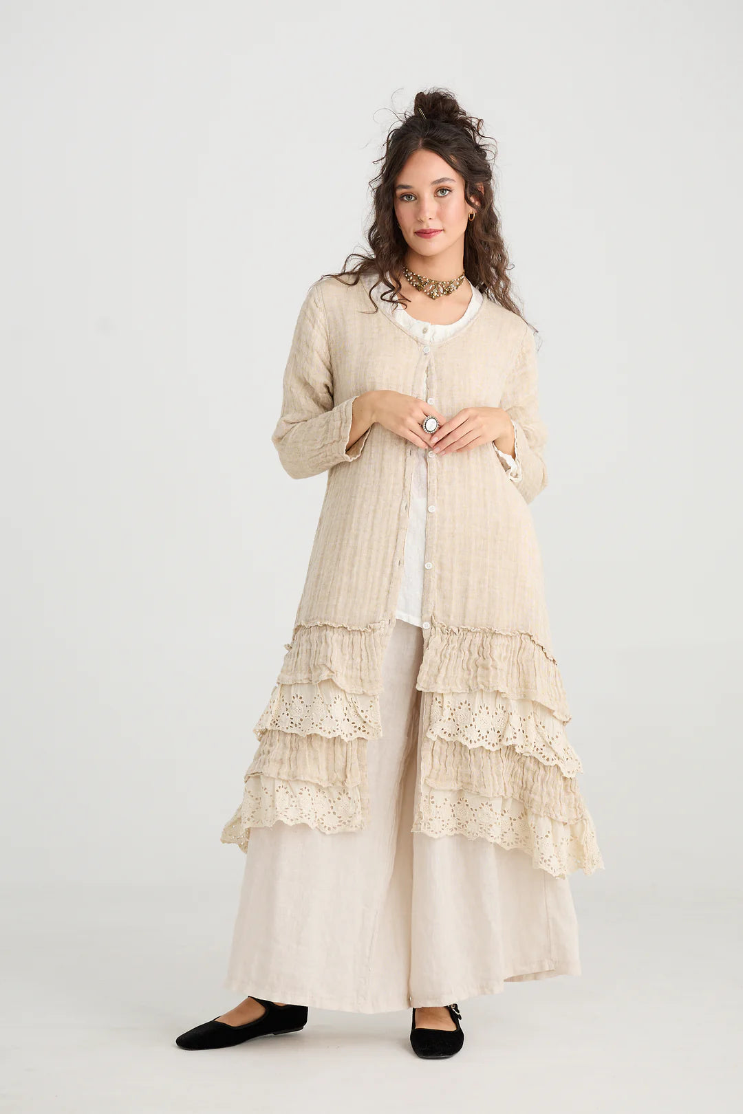 Florette Linen and Lace Long Coat - Coconut