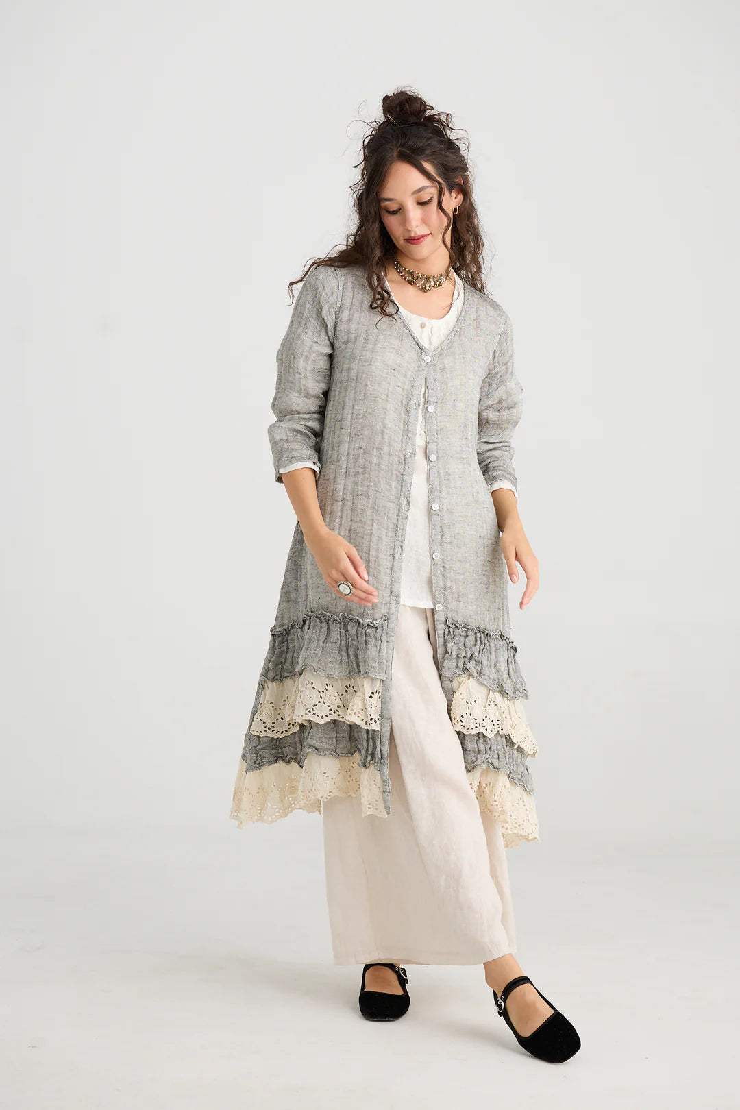 Florette Linen and Lace Long Coat - Mist Gray