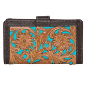 Alexandria Wallet - Hand Carved Brown with Turquoise Leather
