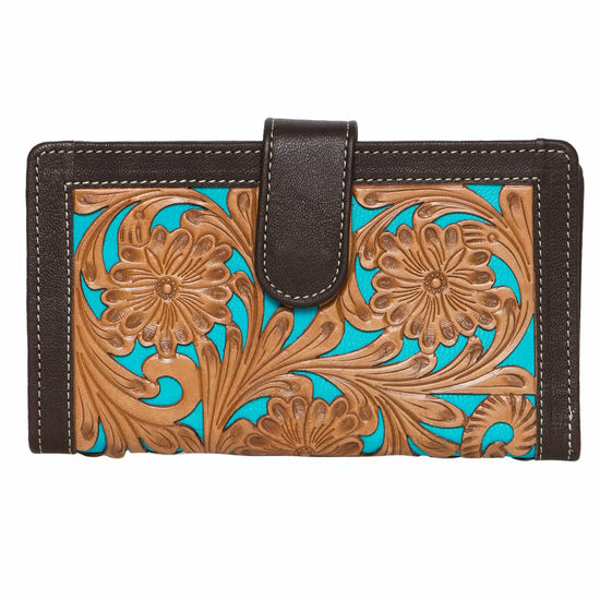Alexandria Wallet - Hand Carved Brown with Turquoise Leather