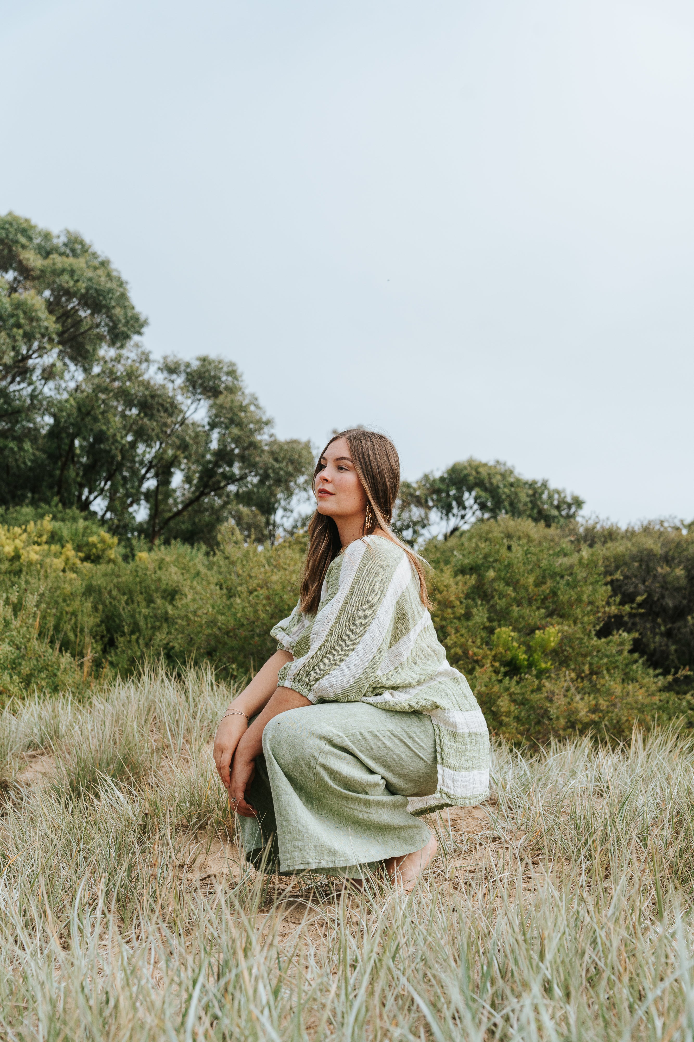 Olbia Top - Green White Natural Stripe Mesh