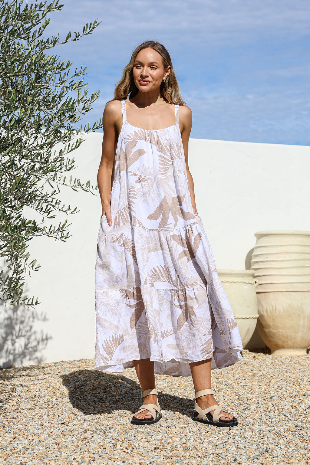 Strato Linen Dress - Sand Leaf