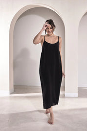 Midi Linen Slip Dress - Black