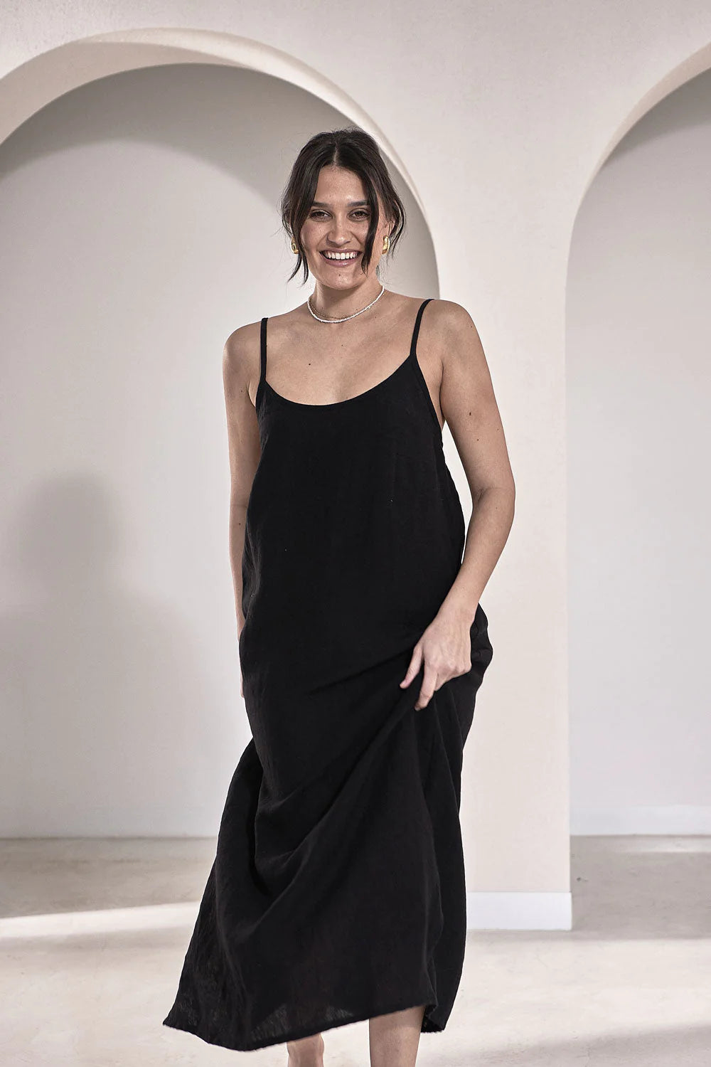 Midi Linen Slip Dress - Black
