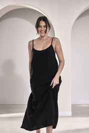 Midi Linen Slip Dress - Black