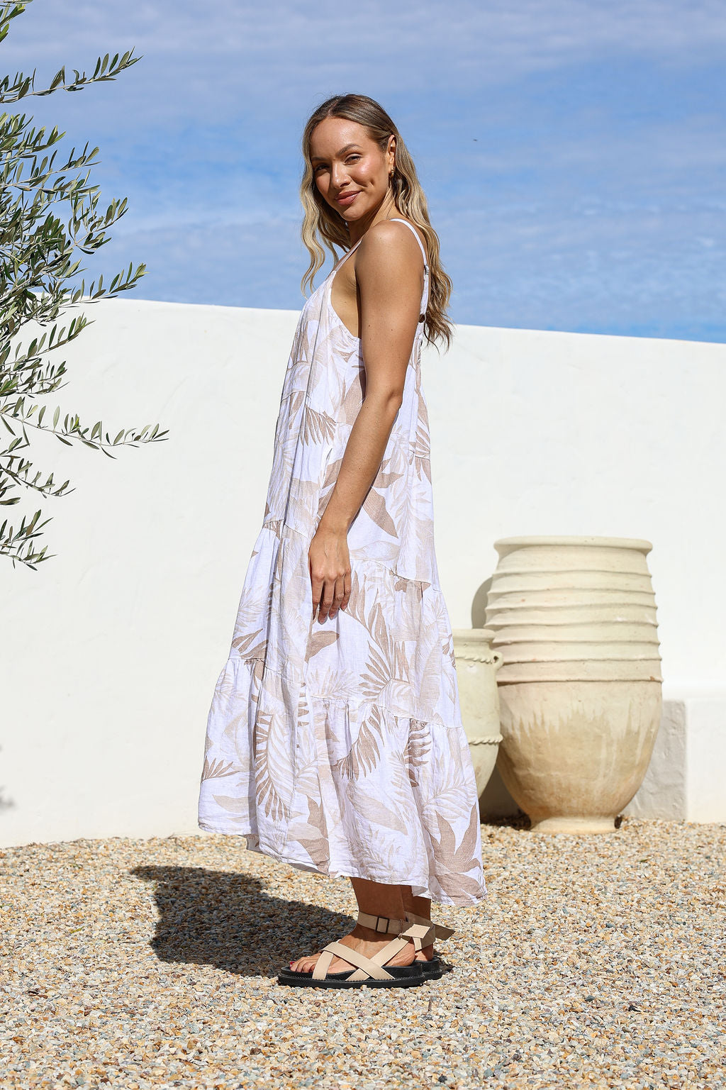 Strato Linen Dress - Sand Leaf