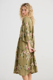 Stella Floral Linen Dress - Pale Olive Rose