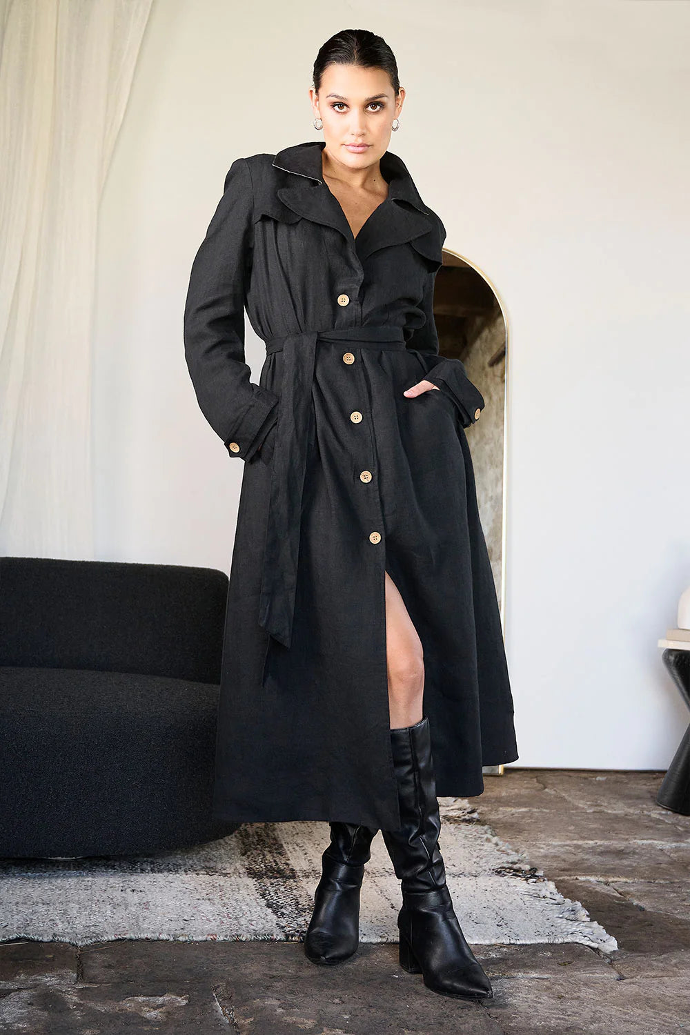 Linen Trench Coat - Black