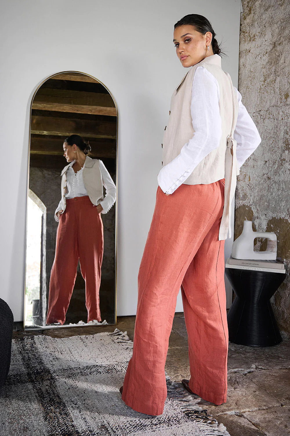 Linen Tailored Pants - Rust